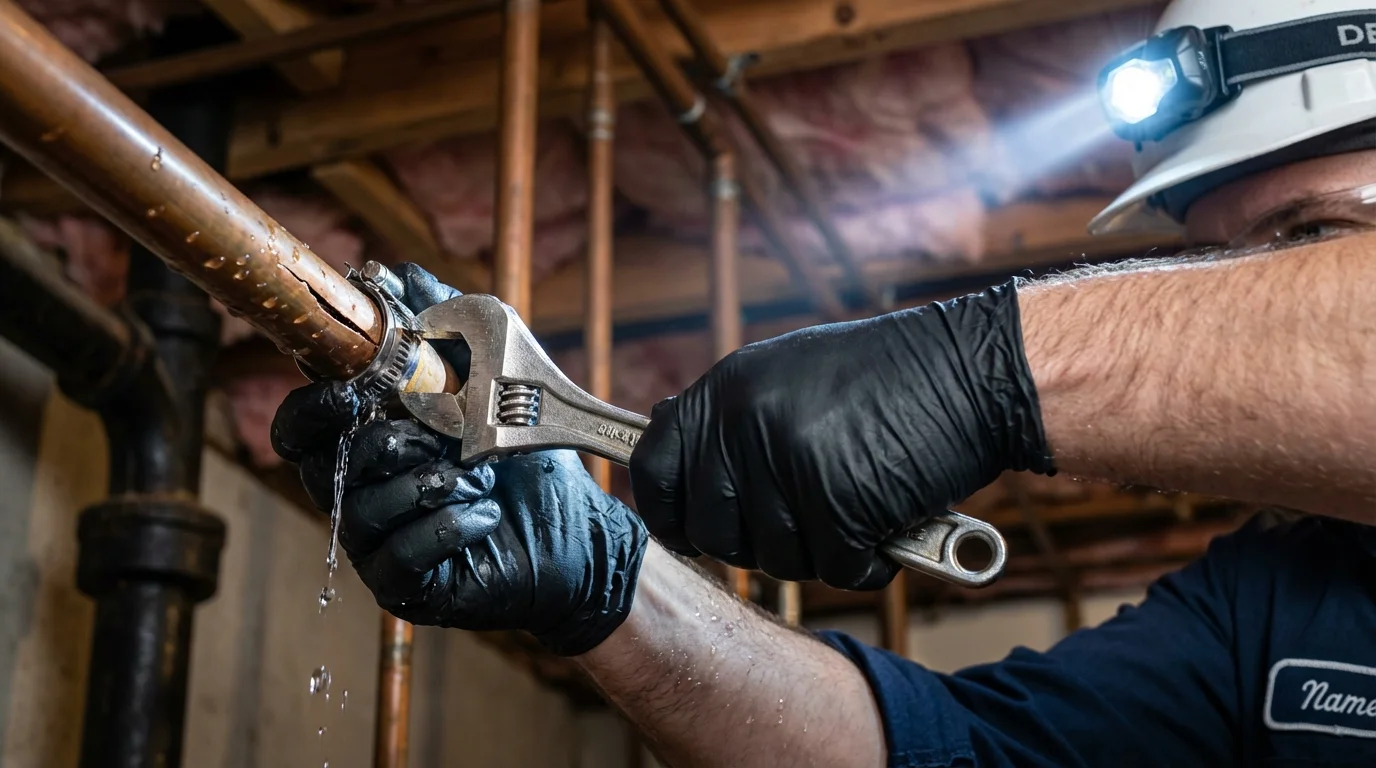Emergency pipe clamp repair being performed by a Johns Plumbing LLC plumber in Neptune Beach