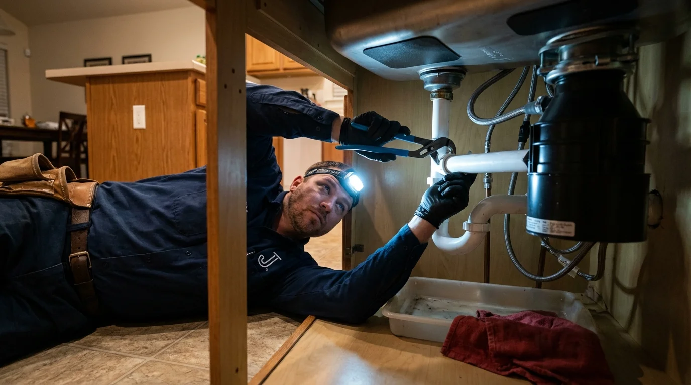 P-trap and supply line connections under a kitchen sink showing a common leak point in Neptune Beach, FL